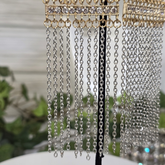 Statement Gold Silver Multi Chain Long Earrings - Picture 5 of 9